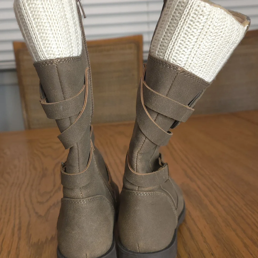 Rachel Shoes‎ Taupe Faux-Suede Boots with Cream Knit Cuff
